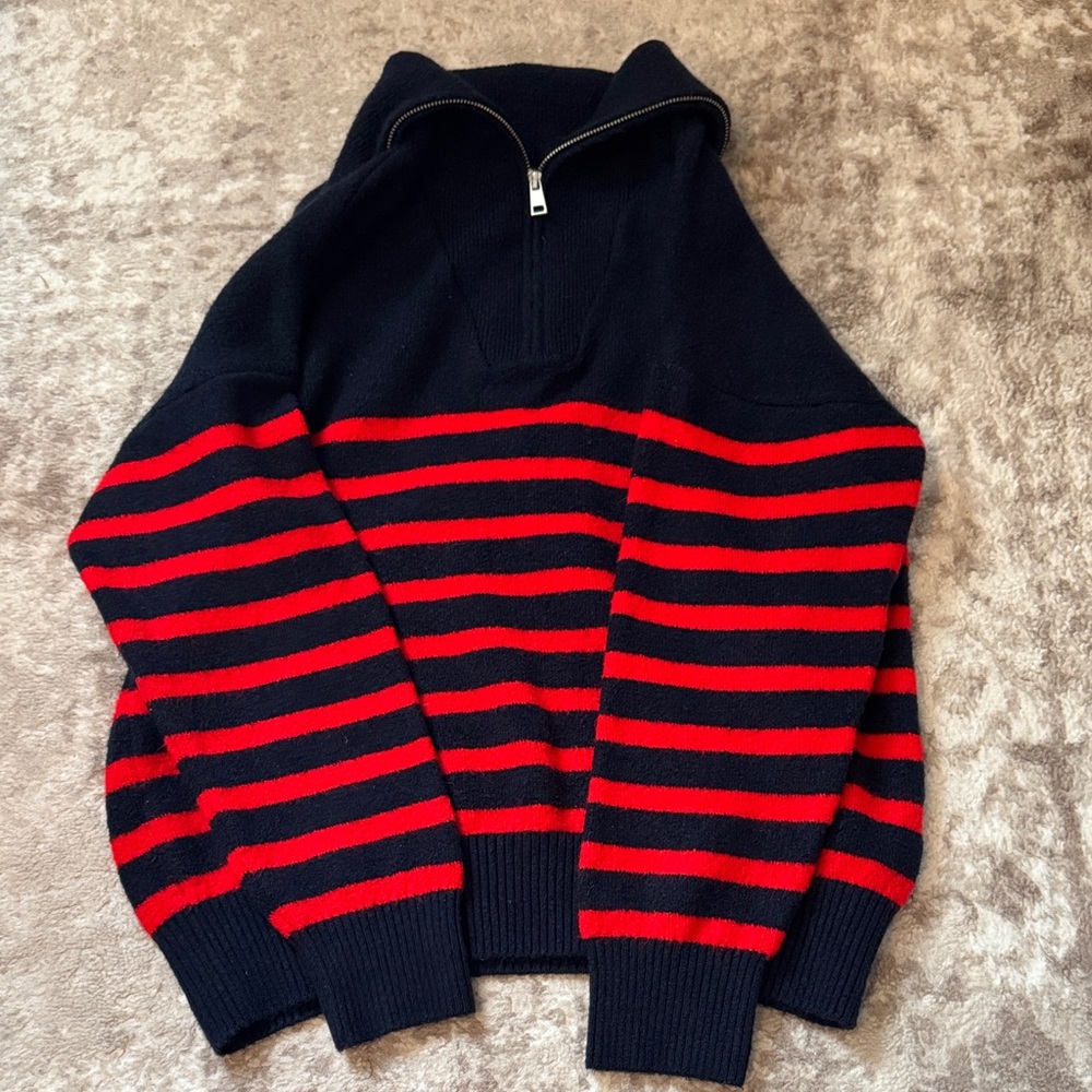 Zara Black and Red Striped Women's Zip-Up Sweater